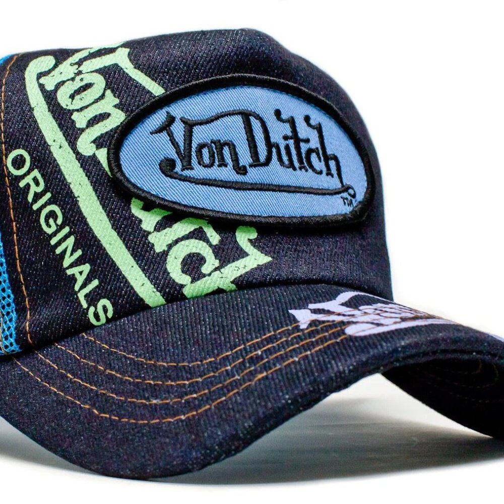 Von Dutch Women's Denim Logo Trucker Cap in Navy and Light Blue